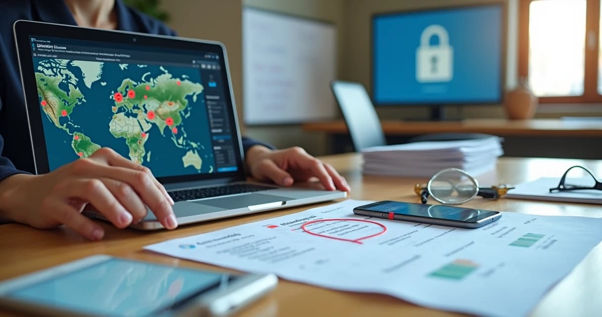 Gestor conferindo mapas e ordens de serviço impressas em cima de mesa com notebook aberto