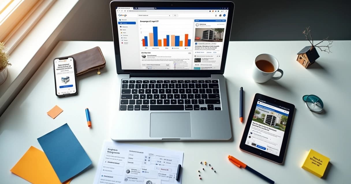 Representação de campanha digital promovendo serviços de HVAC em vários dispositivos