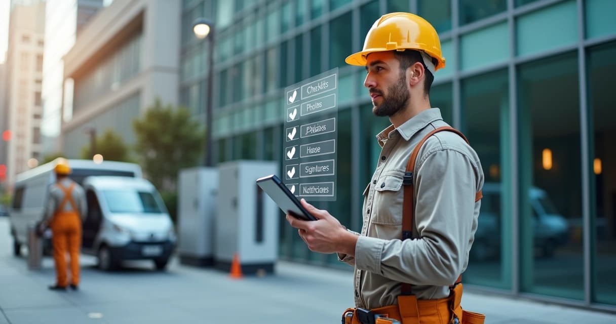 Técnico em campo usando tablet com checklist digital diante de prédio comercial