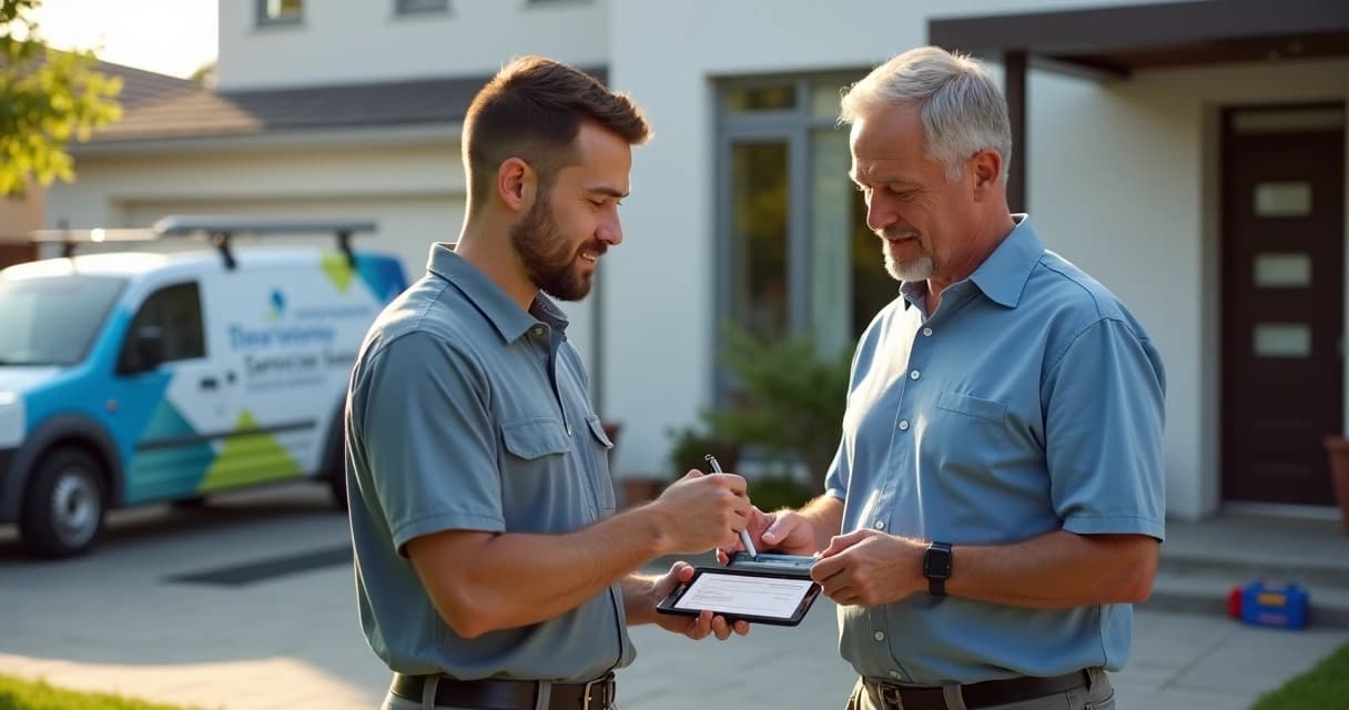 Técnico de serviços externos apresentando ordem de serviço para cliente assinar em tablet