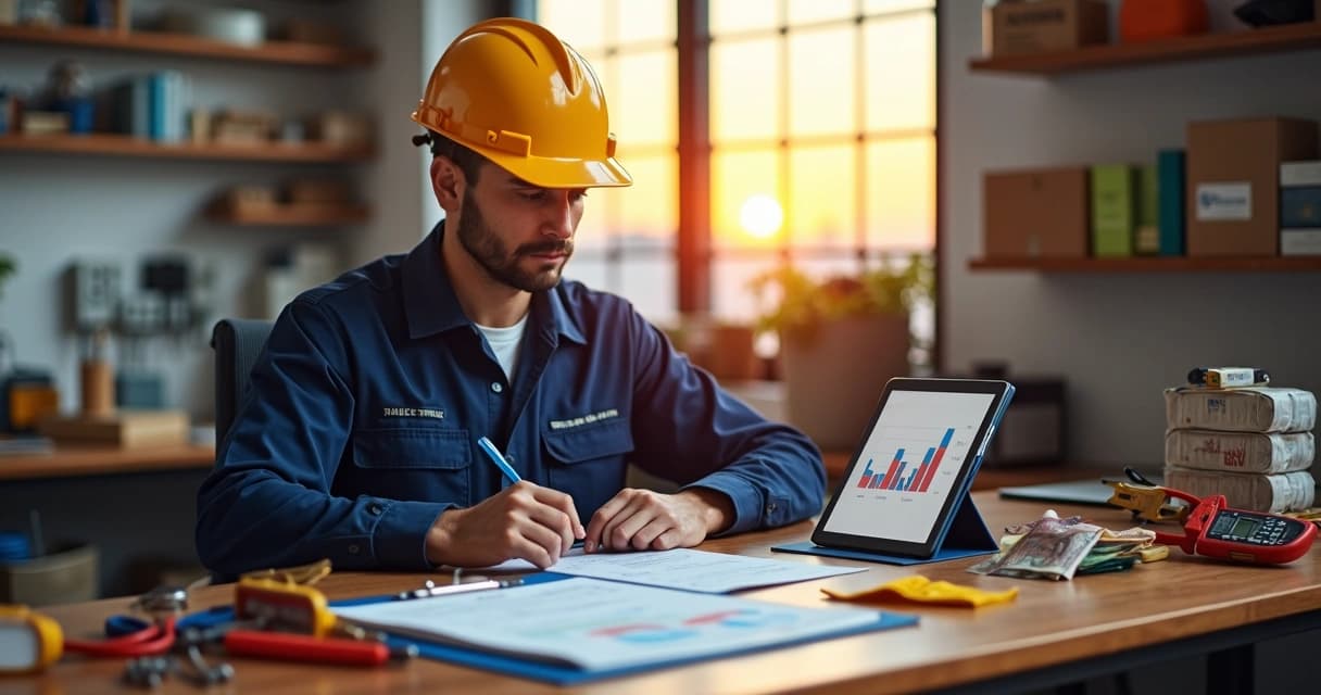 Eletricista analisando planilha de ganhos em bancada com ferramentas