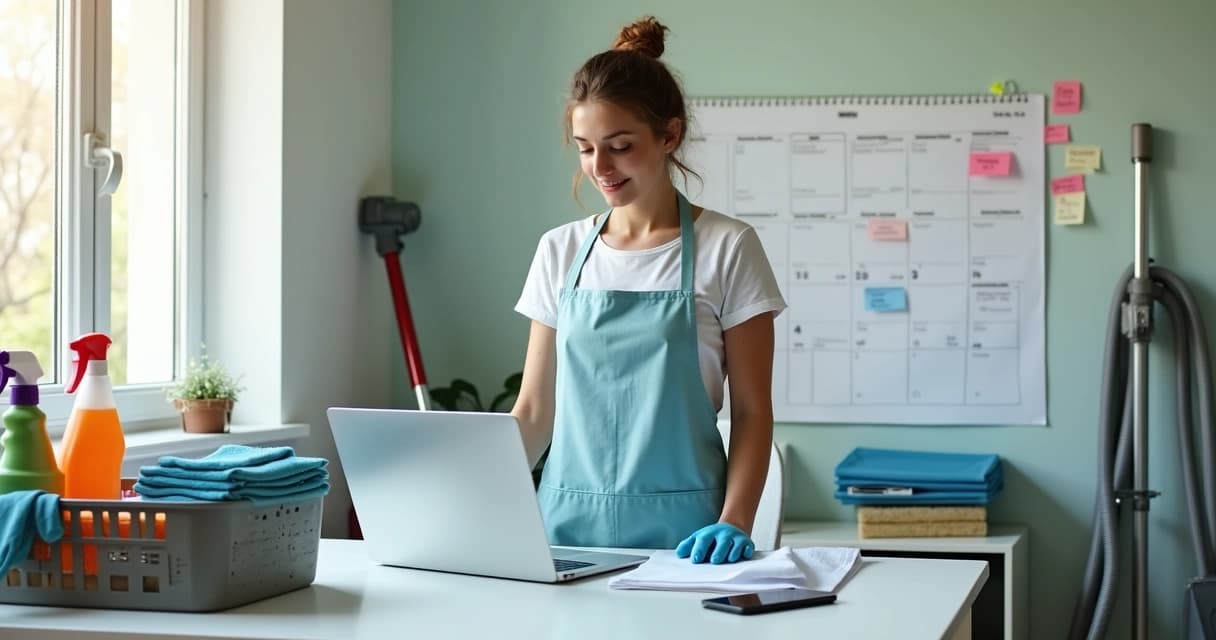 Empreendedora de empresa de limpeza organizando material em escritório pequeno