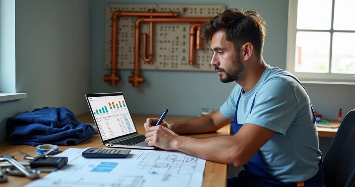 Encanador analisando planejamento financeiro na mesa com ferramentas e documentos