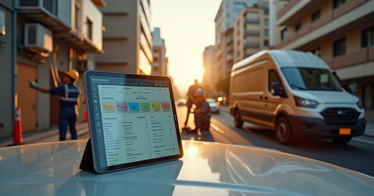 Equipe de manutenção externa em diferentes especialidades sendo coordenada por gestor em monitor digital