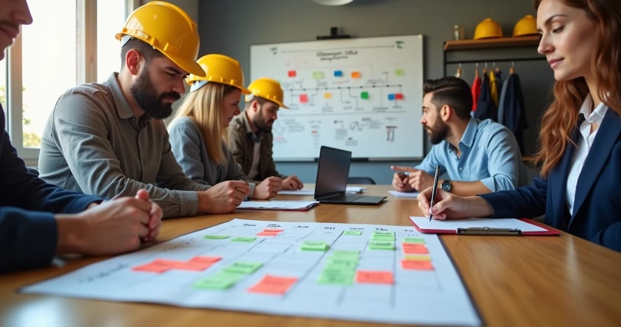 Equipe de manutenção reunida em sala planejando renovação de contratos