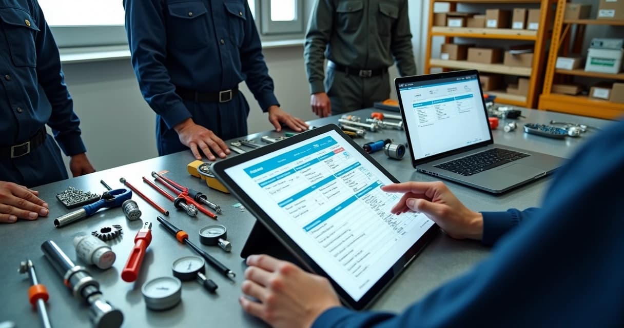 Equipe técnica preenchendo ficha técnica digital em bancada com peças e ferramentas