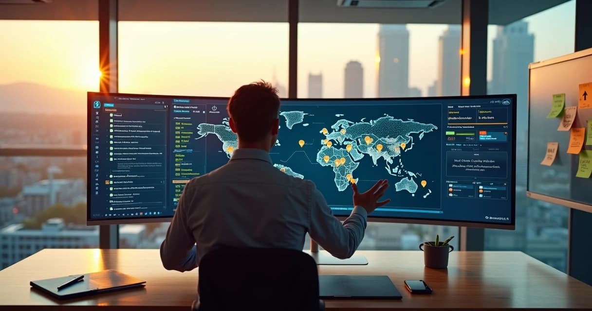 Gestor analisa painel digital com mapa de equipes externas