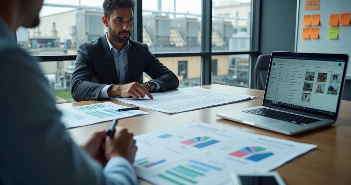 Gestor técnico apresenta contrato mensal a cliente em escritório industrial moderno