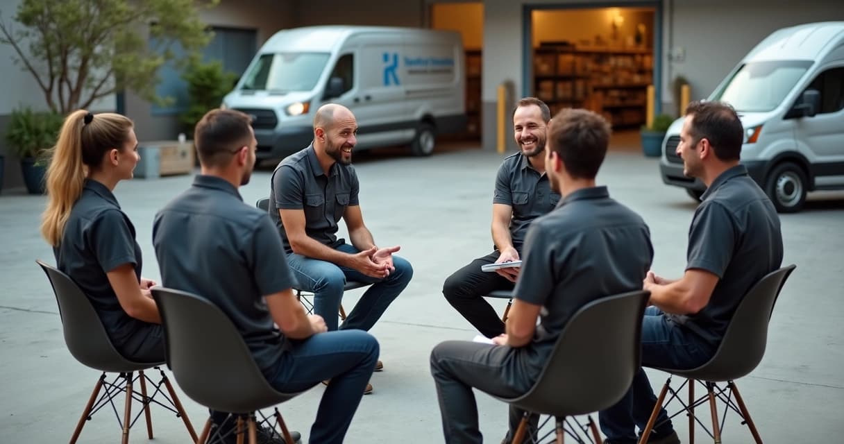 Gestor e equipe em roda de conversa em pátio externo da empresa