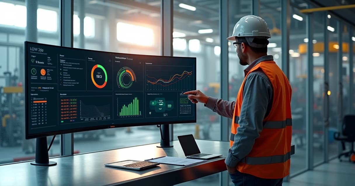 Gestor de manutenção analisando painel digital com indicadores de desempenho