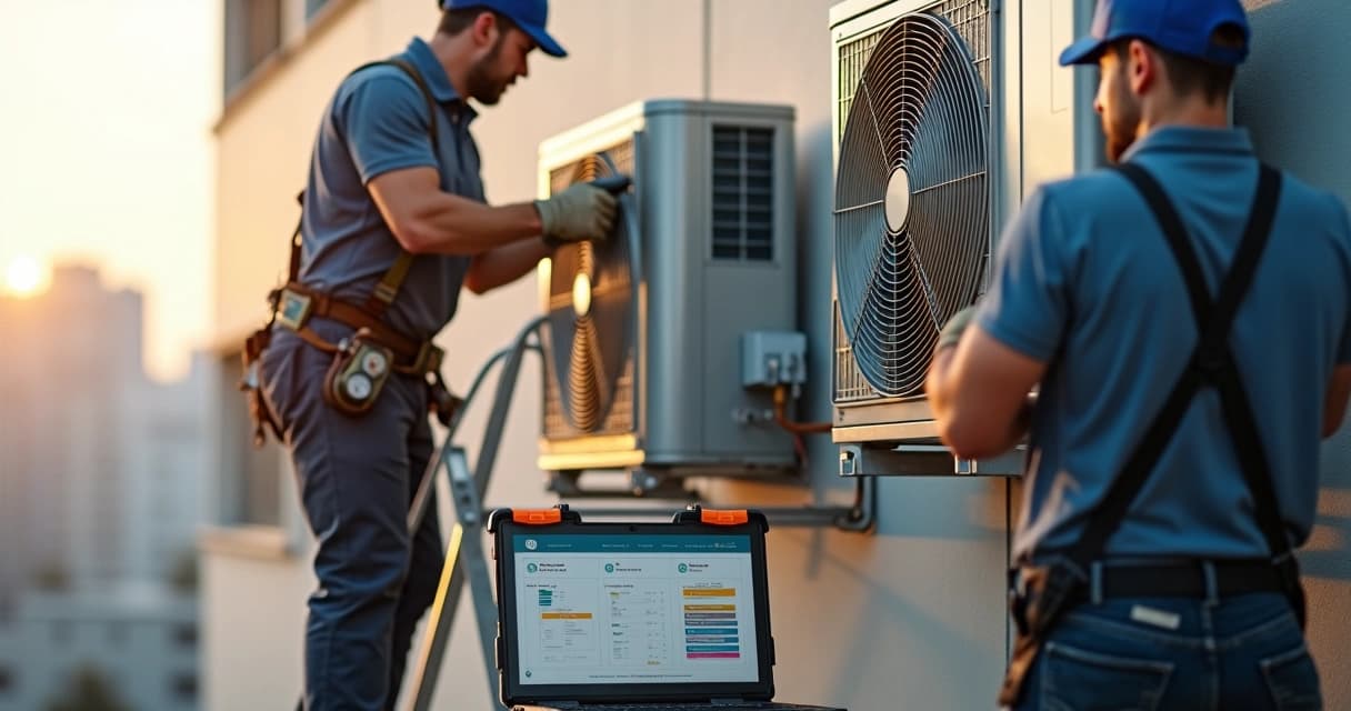 Técnicos realizam manutenção de ar-condicionado em fachada de prédio comercial