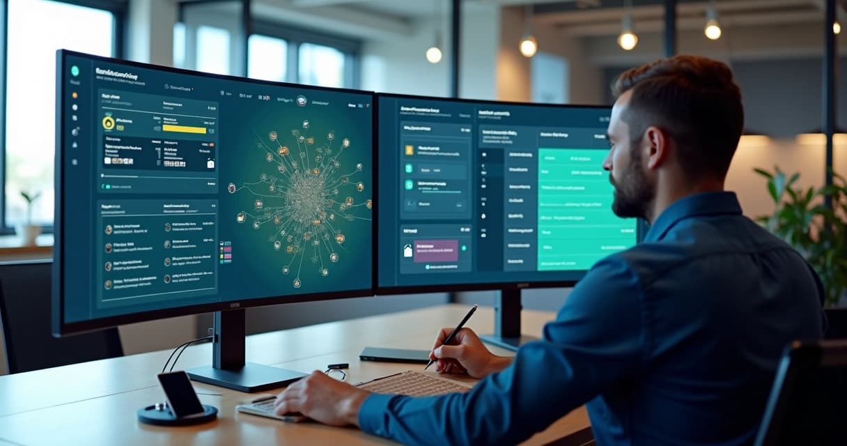 Gestor observa painel digital com alertas de notificações de campo em destaque