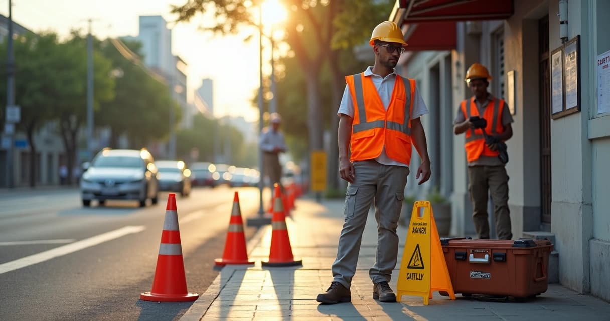 Técnico de serviços externos coloca cones e sinalização de segurança em calçada urbana