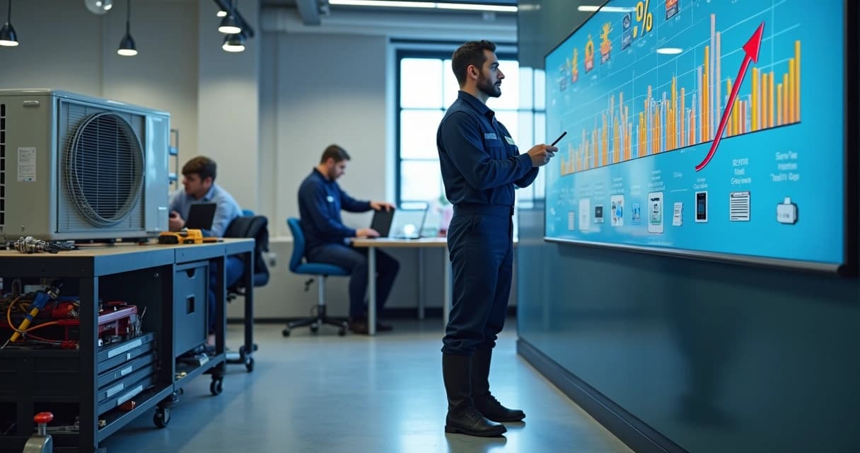 Técnico de HVAC analisa quadro com gráficos de salários e crescimento de carreira