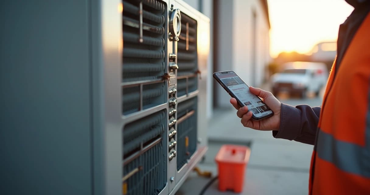 Técnico fotografa detalhe técnico de equipamento com app aberto no celular