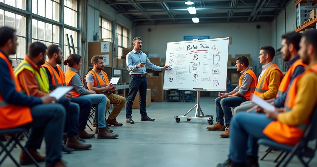 Treinamento de equipe externa com instrutor mostrando procedimento em quadro branco